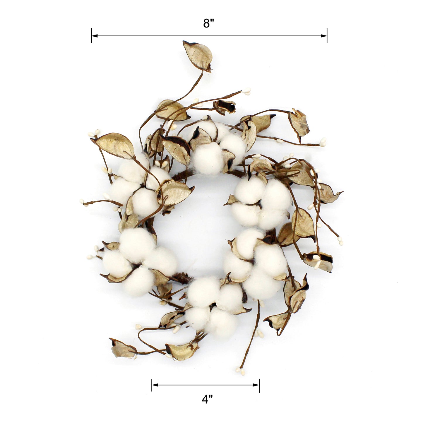 CVHOMEDECO. Primitives Rustic Cotton Pod Pip Berries with Autumn Leaves Wreath, 8 Inch