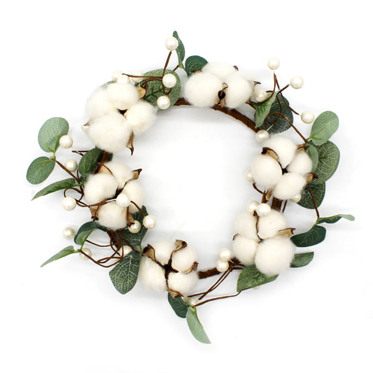 CVHOMEDECO. Primitives Rustic Cotton Pod Beads with Eucalyptus Leaves Wreath, 10 Inch