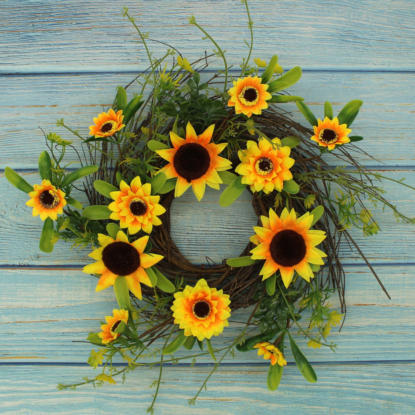 CVHOMEDECO. Rustic Country Artificial Sunflower and Twig Wreath, Year Round Full Green Wreath for Indoor or Outdoor Display, 12 Inch
