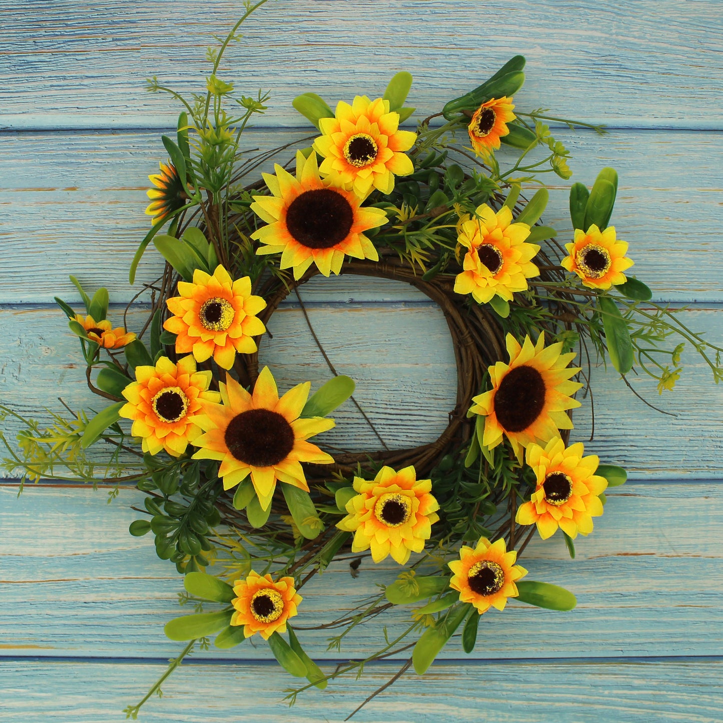 CVHOMEDECO. Rustic Country Artificial Sunflower and Twig Wreath, Year Round Full Green Wreath for Indoor or Outdoor Display, 14 Inch