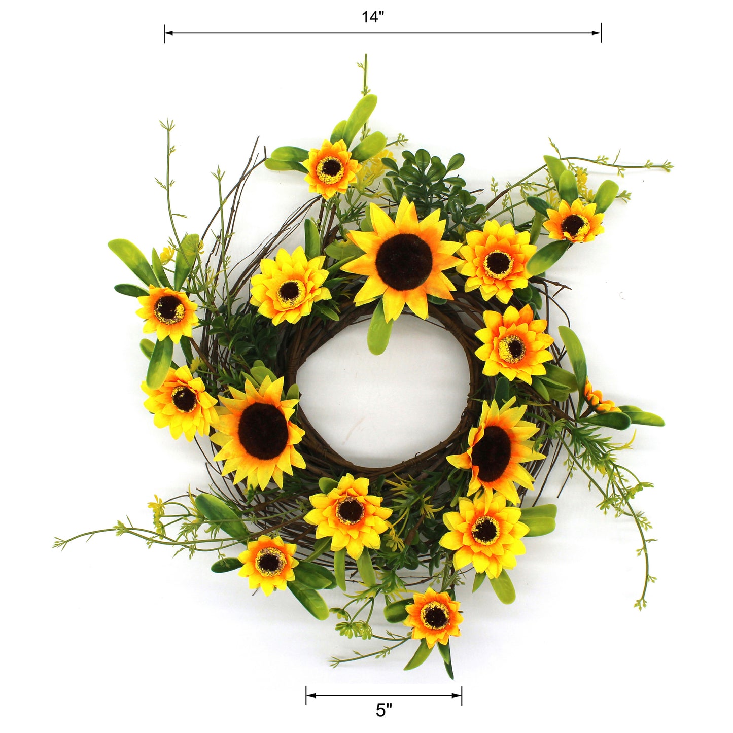 CVHOMEDECO. Rustic Country Artificial Sunflower and Twig Wreath, Year Round Full Green Wreath for Indoor or Outdoor Display, 14 Inch