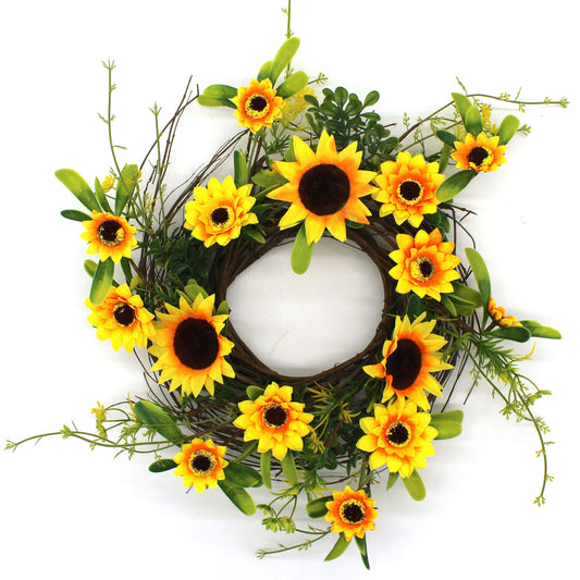 CVHOMEDECO. Rustic Country Artificial Sunflower and Twig Wreath, Year Round Full Green Wreath for Indoor or Outdoor Display, 14 Inch