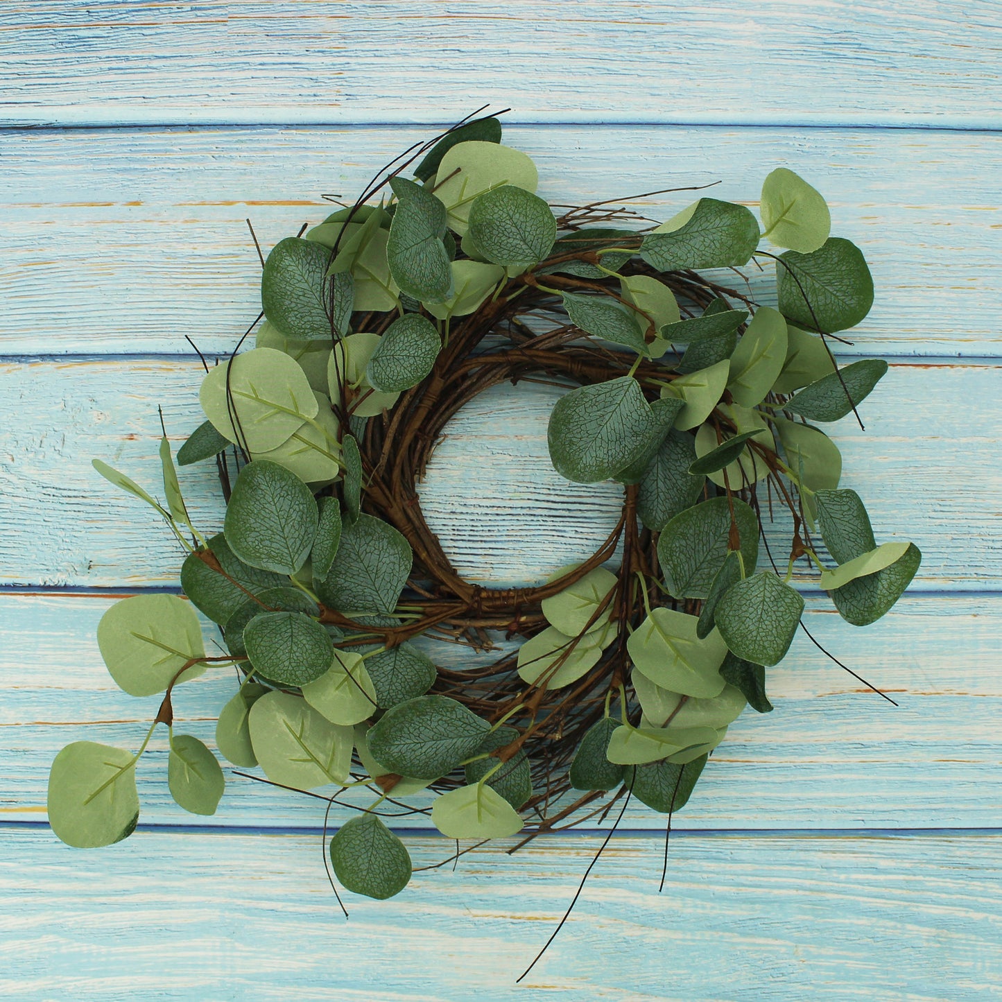 CVHOMEDECO. Rustic Country Artificial Eucalyptus Leaves and Twig Wreath, Year Round Full Green Wreath for Indoor or Outdoor Display, 12 Inch