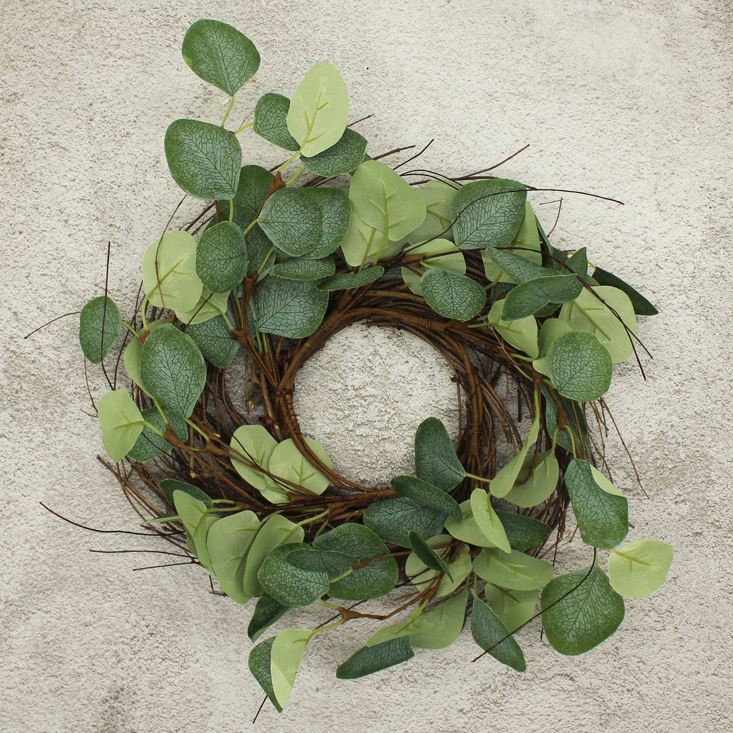 CVHOMEDECO. Rustic Country Artificial Eucalyptus Leaves and Twig Wreath, Year Round Full Green Wreath for Indoor or Outdoor Display, 12 Inch