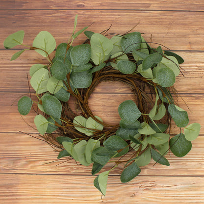 CVHOMEDECO. Rustic Country Artificial Eucalyptus Leaves and Twig Wreath, Year Round Full Green Wreath for Indoor or Outdoor Display, 12 Inch