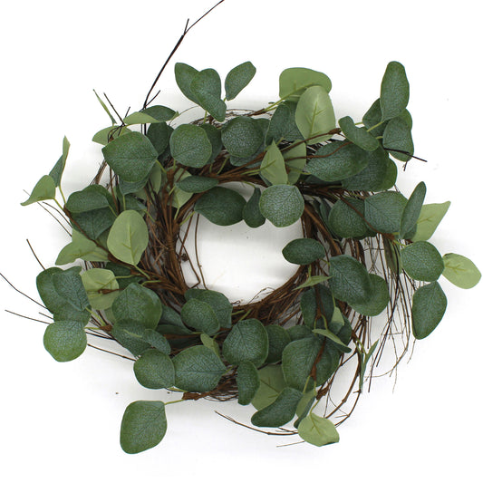 CVHOMEDECO. Rustic Country Artificial Eucalyptus Leaves and Twig Wreath, Year Round Full Green Wreath for Indoor or Outdoor Display, 14 Inch