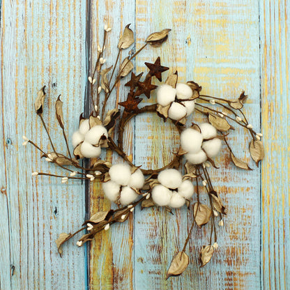 CVHOMEDECO. Primitives Rustic Cotton Pod Pip Berries and Autumn Leaves with Rusty Barn Stars Wreath, 9 Inch