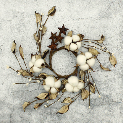 CVHOMEDECO. Primitives Rustic Cotton Pod Pip Berries and Autumn Leaves with Rusty Barn Stars Wreath, 9 Inch