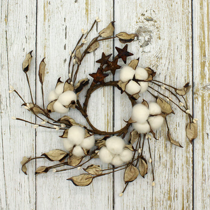 CVHOMEDECO. Primitives Rustic Cotton Pod Pip Berries and Autumn Leaves with Rusty Barn Stars Wreath, 9 Inch