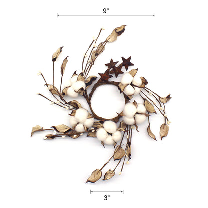 CVHOMEDECO. Primitives Rustic Cotton Pod Pip Berries and Autumn Leaves with Rusty Barn Stars Wreath, 9 Inch