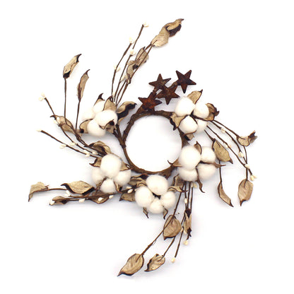 CVHOMEDECO. Primitives Rustic Cotton Pod Pip Berries and Autumn Leaves with Rusty Barn Stars Wreath, 9 Inch