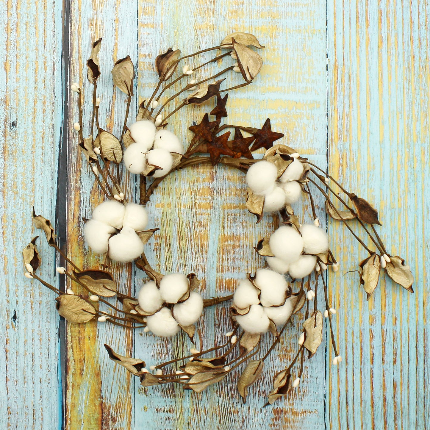 CVHOMEDECO. Primitives Rustic Cotton Pod Pip Berries and Autumn Leaves with Rusty Barn Stars Wreath, 12 Inch