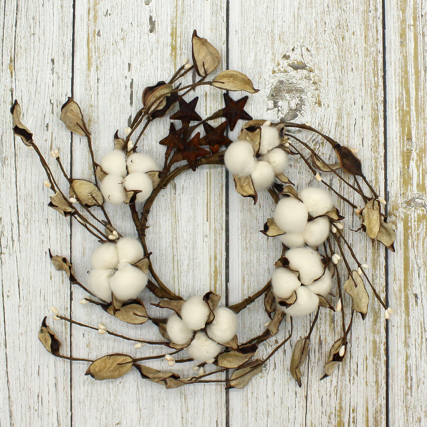CVHOMEDECO. Primitives Rustic Cotton Pod Pip Berries and Autumn Leaves with Rusty Barn Stars Wreath, 12 Inch