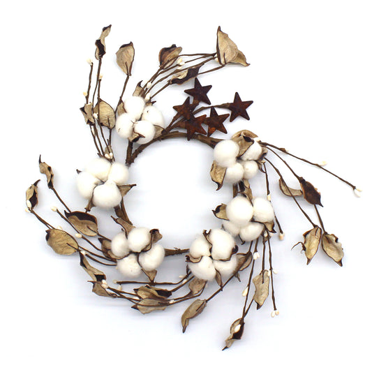 CVHOMEDECO. Primitives Rustic Cotton Pod Pip Berries and Autumn Leaves with Rusty Barn Stars Wreath, 12 Inch