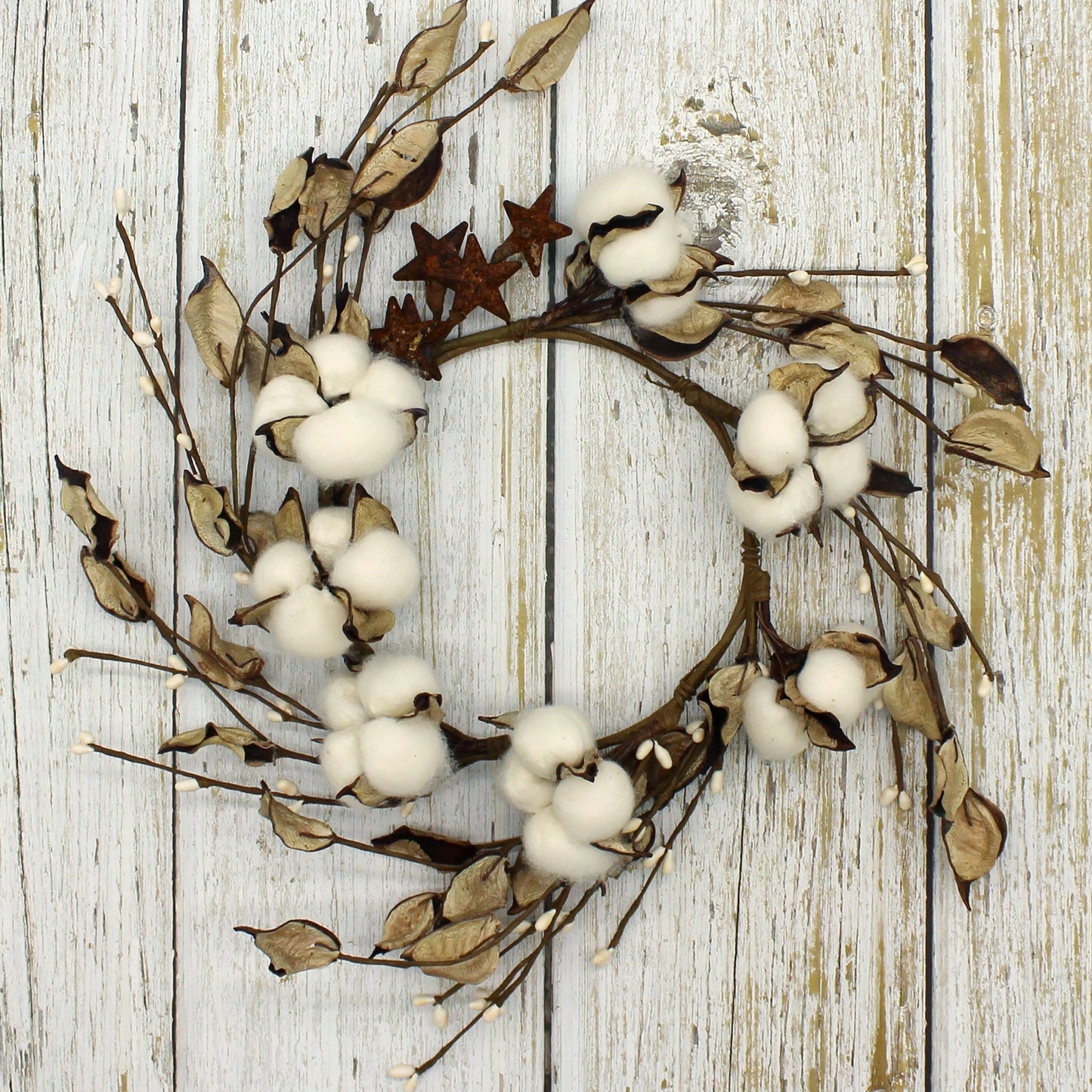 CVHOMEDECO. Primitives Rustic Cotton Pod Pip Berries and Autumn Leaves with Rusty Barn Stars Wreath, 14 Inch