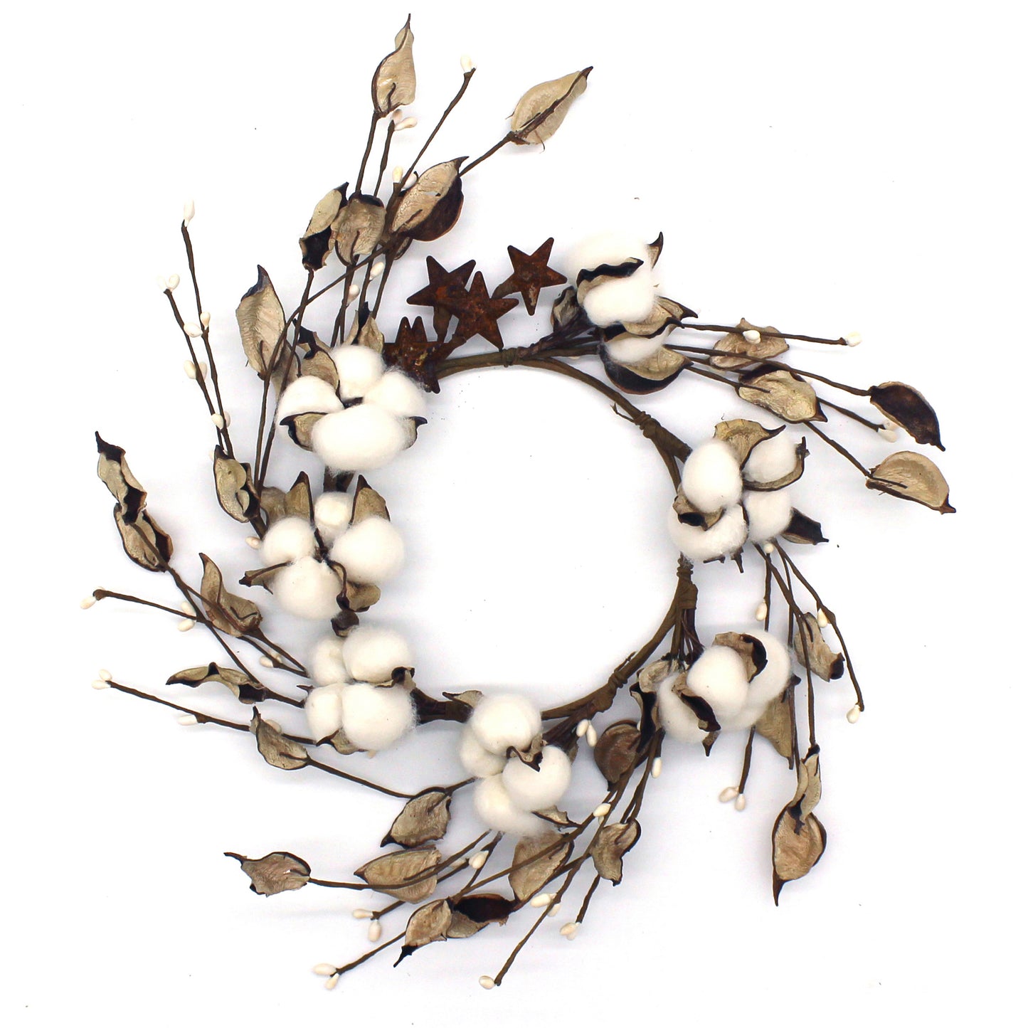 CVHOMEDECO. Primitives Rustic Cotton Pod Pip Berries and Autumn Leaves with Rusty Barn Stars Wreath, 14 Inch