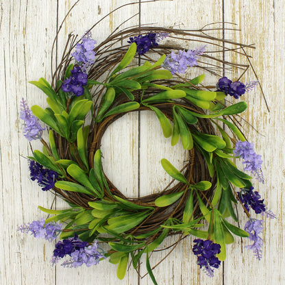 CVHOMEDECO. Rustic Country Artificial Lavender and Twig Wreath, Year Round Full Green Wreath for Indoor or Outdoor Display, 14 Inch