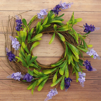 CVHOMEDECO. Rustic Country Artificial Lavender and Twig Wreath, Year Round Full Green Wreath for Indoor or Outdoor Display, 14 Inch