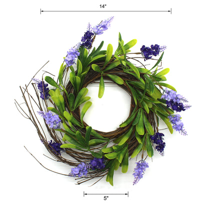 CVHOMEDECO. Rustic Country Artificial Lavender and Twig Wreath, Year Round Full Green Wreath for Indoor or Outdoor Display, 14 Inch