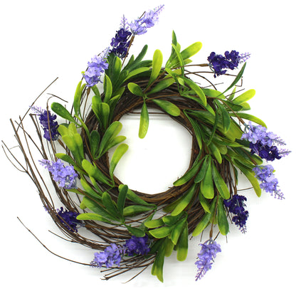 CVHOMEDECO. Rustic Country Artificial Lavender and Twig Wreath, Year Round Full Green Wreath for Indoor or Outdoor Display, 14 Inch