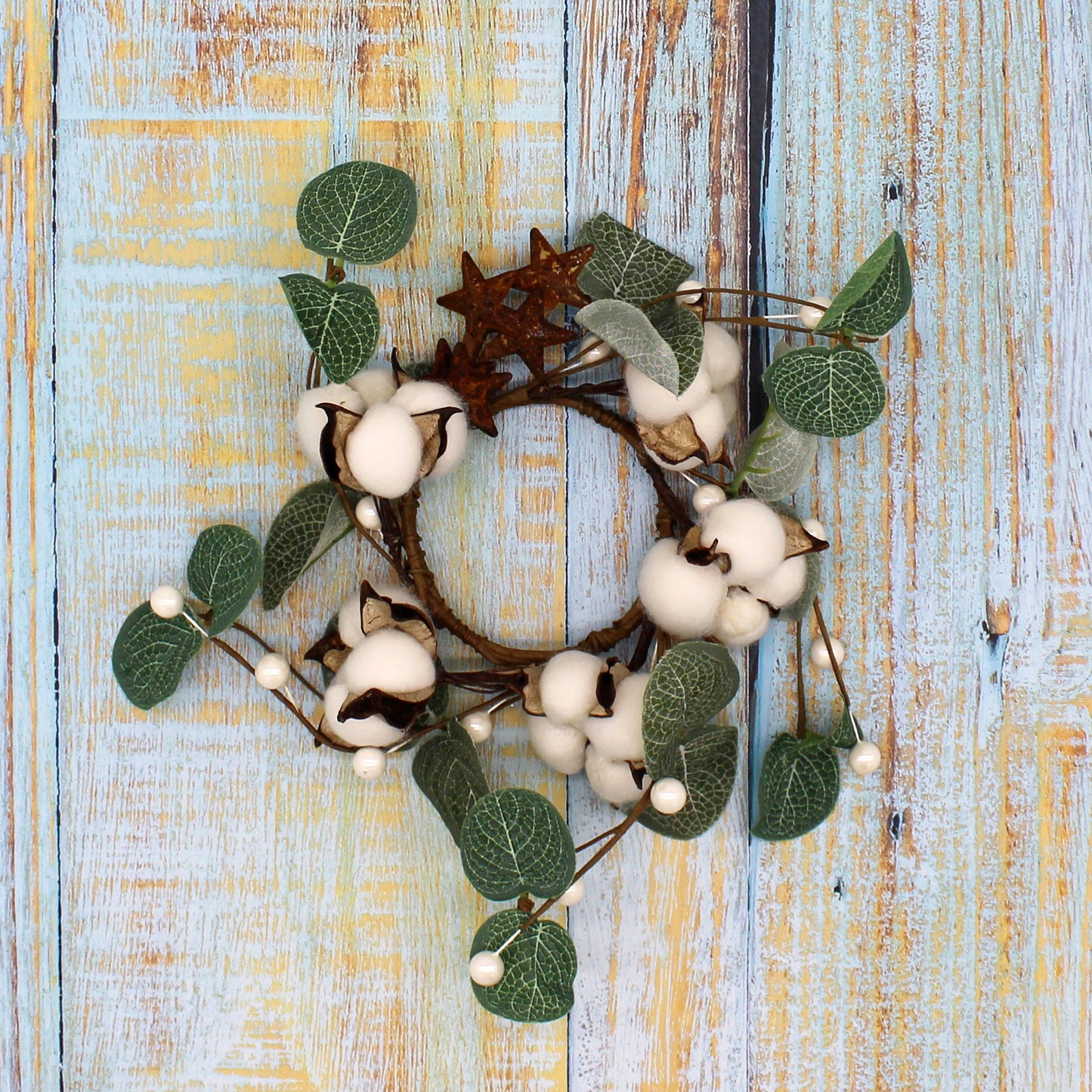 CVHOMEDECO. Primitives Rustic Pod Pip Berries and Eucalyptus Leaves with Rusty Barn Stars Wreath, 9 Inch