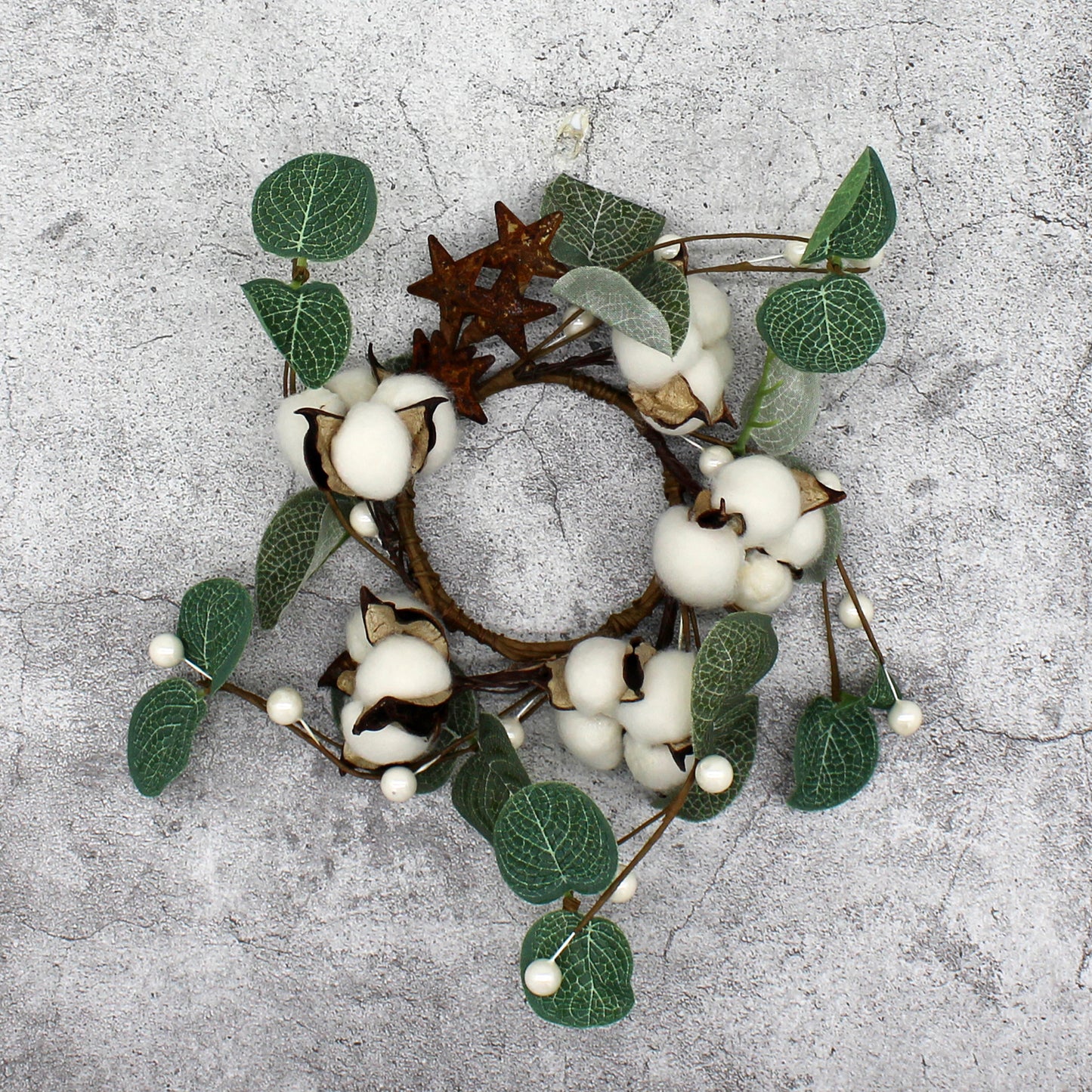CVHOMEDECO. Primitives Rustic Pod Pip Berries and Eucalyptus Leaves with Rusty Barn Stars Wreath, 9 Inch