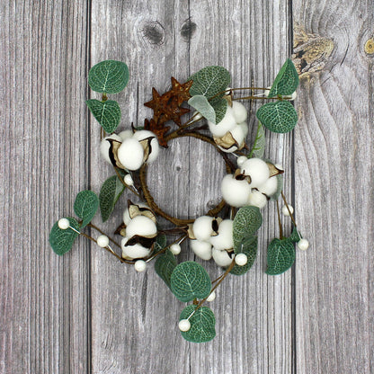 CVHOMEDECO. Primitives Rustic Pod Pip Berries and Eucalyptus Leaves with Rusty Barn Stars Wreath, 9 Inch