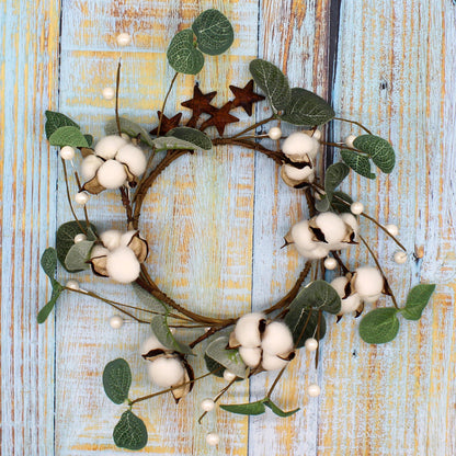 CVHOMEDECO. Primitives Rustic Pod Pip Berries and Eucalyptus Leaves with Rusty Barn Stars Wreath, 14 Inch