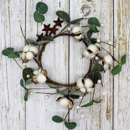 CVHOMEDECO. Primitives Rustic Pod Pip Berries and Eucalyptus Leaves with Rusty Barn Stars Wreath, 14 Inch