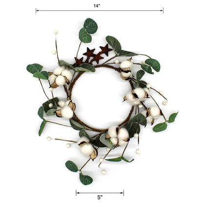 CVHOMEDECO. Primitives Rustic Pod Pip Berries and Eucalyptus Leaves with Rusty Barn Stars Wreath, 14 Inch