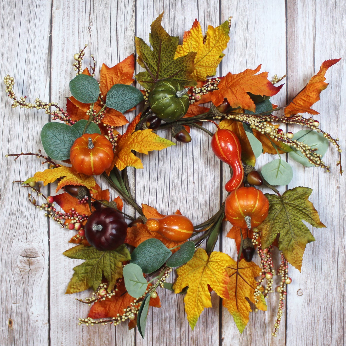 CVHOMEDECO. Primitive Rustic 14 Inch Artificial Pumpkins Wreath with Fall Maple Leaves and Berry, Harvest Festival Wreath for Front Door and Home Decor.