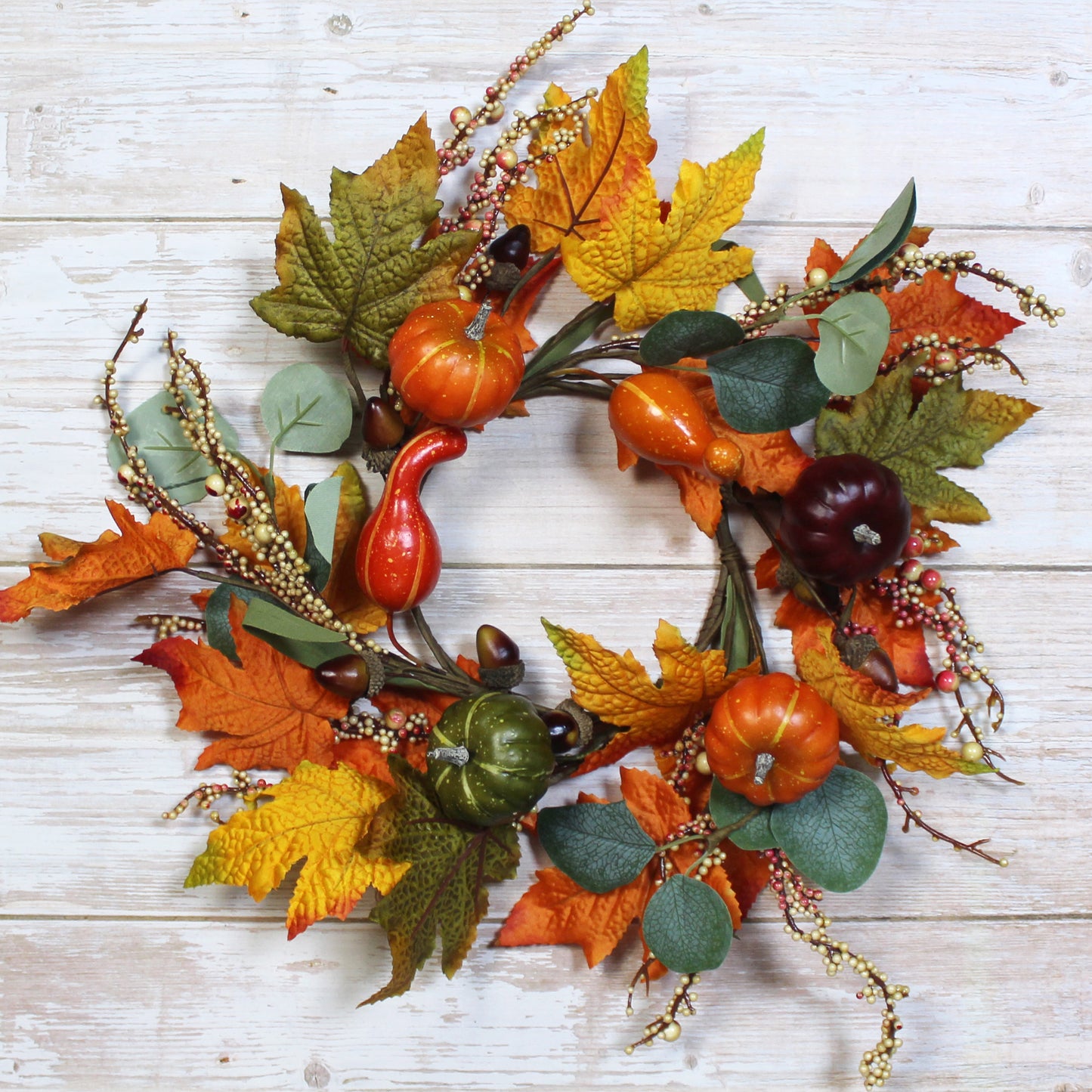 CVHOMEDECO. Primitive Rustic 14 Inch Artificial Pumpkins Wreath with Fall Maple Leaves and Berry, Harvest Festival Wreath for Front Door and Home Decor.