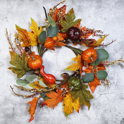 CVHOMEDECO. Primitive Rustic 14 Inch Artificial Pumpkins Wreath with Fall Maple Leaves and Berry, Harvest Festival Wreath for Front Door and Home Decor.