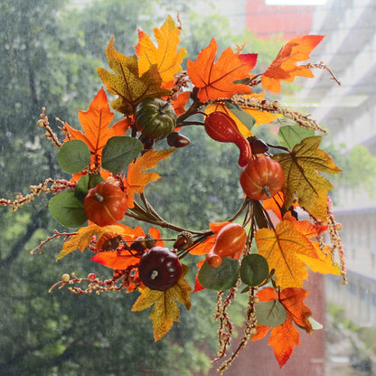 CVHOMEDECO. Primitive Rustic 14 Inch Artificial Pumpkins Wreath with Fall Maple Leaves and Berry, Harvest Festival Wreath for Front Door and Home Decor.