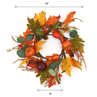 CVHOMEDECO. Primitive Rustic 14 Inch Artificial Pumpkins Wreath with Fall Maple Leaves and Berry, Harvest Festival Wreath for Front Door and Home Decor.