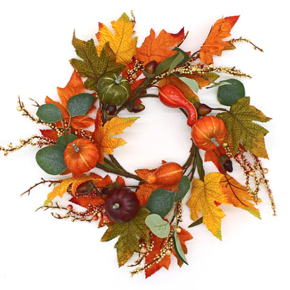 CVHOMEDECO. Primitive Rustic 14 Inch Artificial Pumpkins Wreath with Fall Maple Leaves and Berry, Harvest Festival Wreath for Front Door and Home Decor.