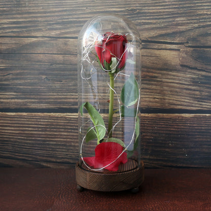 CVHOMEDECO. Battery Operated w/Timer LED Lighted and Red PU Rose with Fallen Petals in a Glass Dome, Great Gift for Valentine's Day Wedding Anniversary Birthday, Dia. 4.5 x H 11.25 Inch