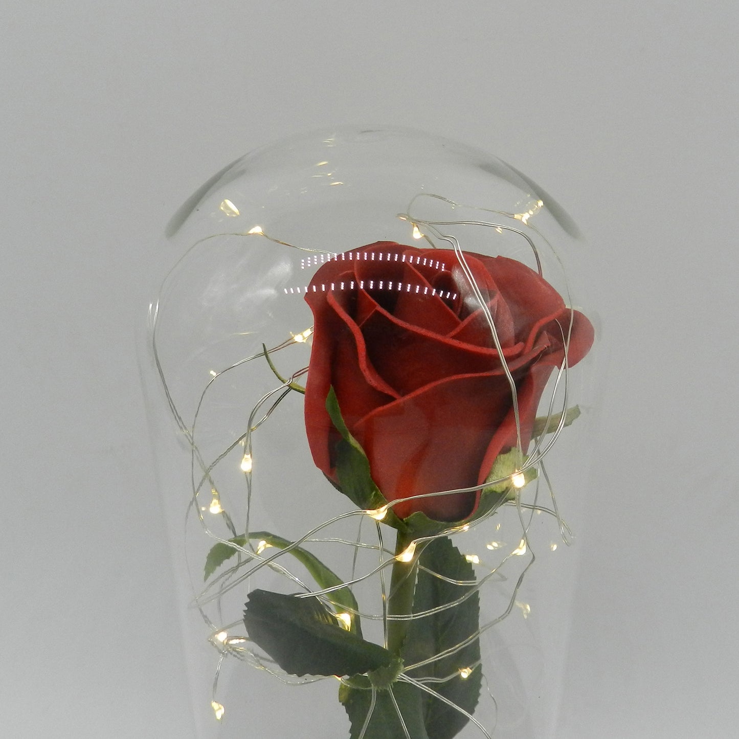 CVHOMEDECO. Battery Operated w/Timer LED Lighted and Red PU Rose with Fallen Petals in a Glass Dome, Great Gift for Valentine's Day Wedding Anniversary Birthday, Dia. 4.5 x H 11.25 Inch