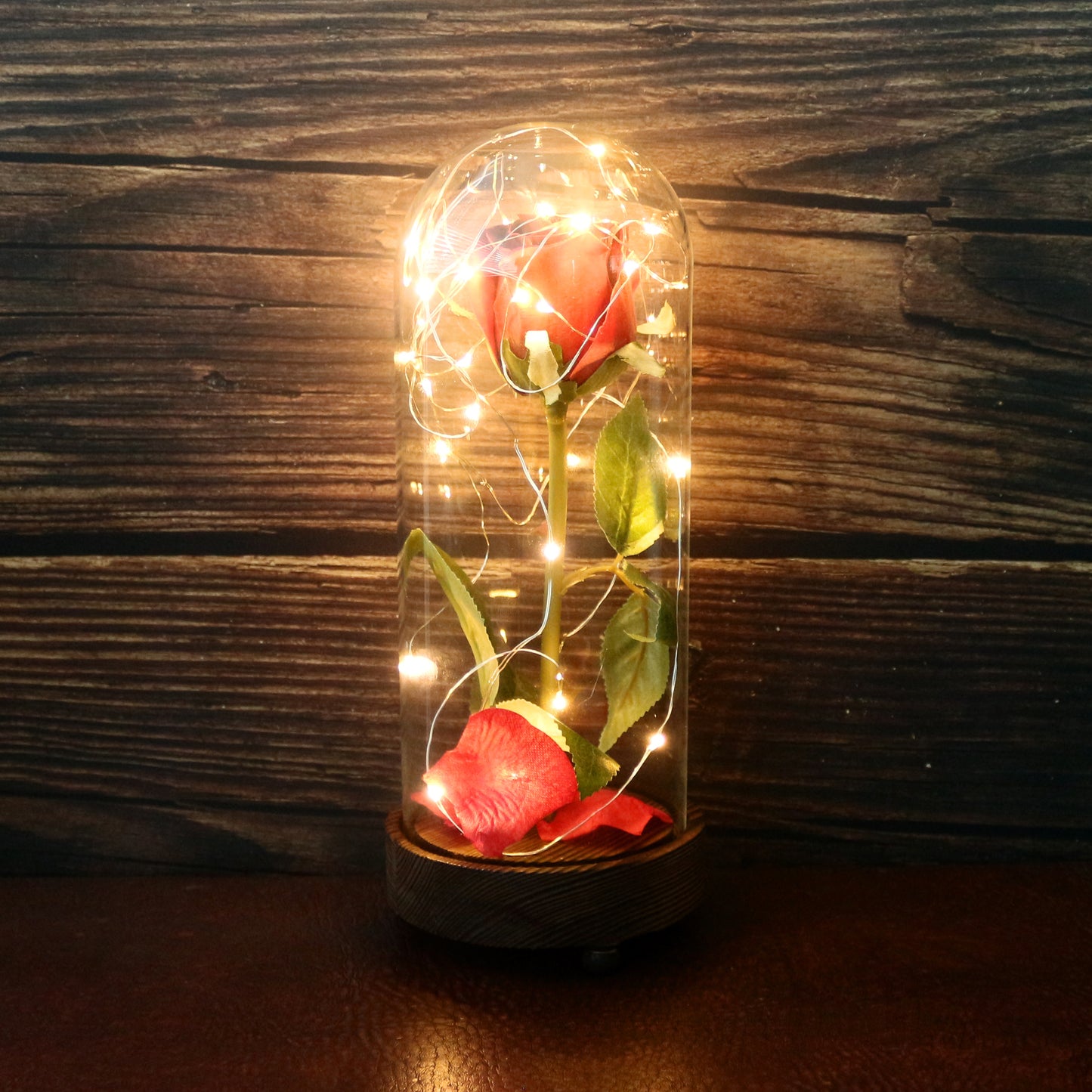 CVHOMEDECO. Battery Operated w/Timer LED Lighted and Red PU Rose with Fallen Petals in a Glass Dome, Great Gift for Valentine's Day Wedding Anniversary Birthday, Dia. 4.5 x H 11.25 Inch