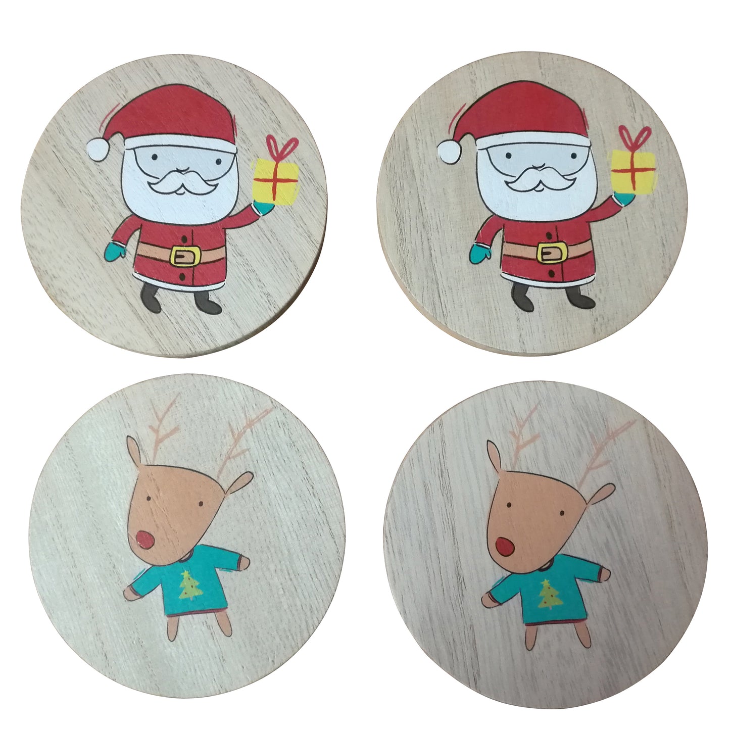 CVHOMEDECO. Santa Claus and Reindeer Wood Natural Bark Coaster Set, 2xSanta Claus Coasters+2xReindeer Coasters Tied Off with a Rubber Band, 4 Inch, Set of 4.