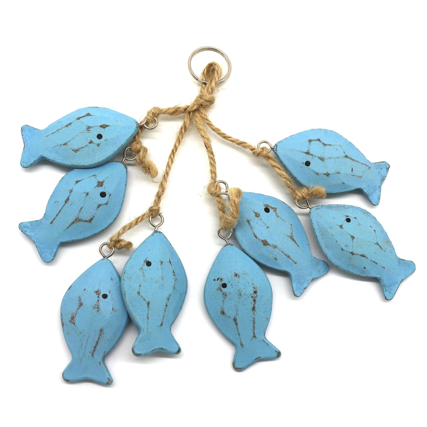 CVHOMEDECO. 3 Inches Hand Carved Wood Fish Hanging with Jute Rope Nautical Decorated, Mediterranean Style For Wall Hanging Gift Crafts, Blue, 8 pcs / set (Fish)