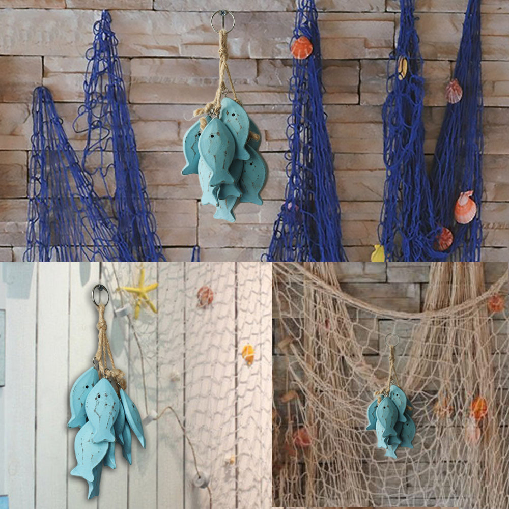 CVHOMEDECO. 3 Inches Hand Carved Wood Fish Hanging with Jute Rope Nautical Decorated, Mediterranean Style For Wall Hanging Gift Crafts, Blue, 8 pcs / set (Fish)
