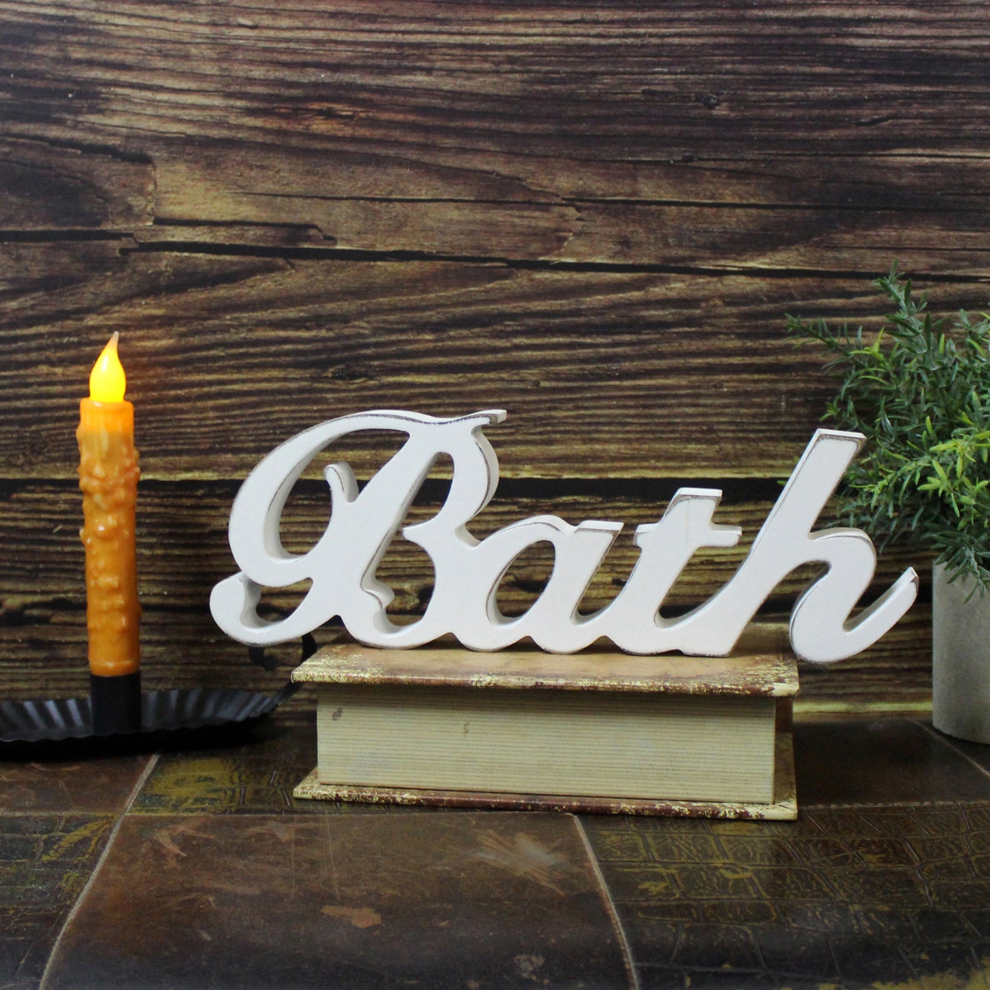 CVHOMEDECO. Rustic Vintage Wooden Words Sign Free Standing Bath, Bathroom/Home Wall/Door Decoration Art (Distressed White 1)