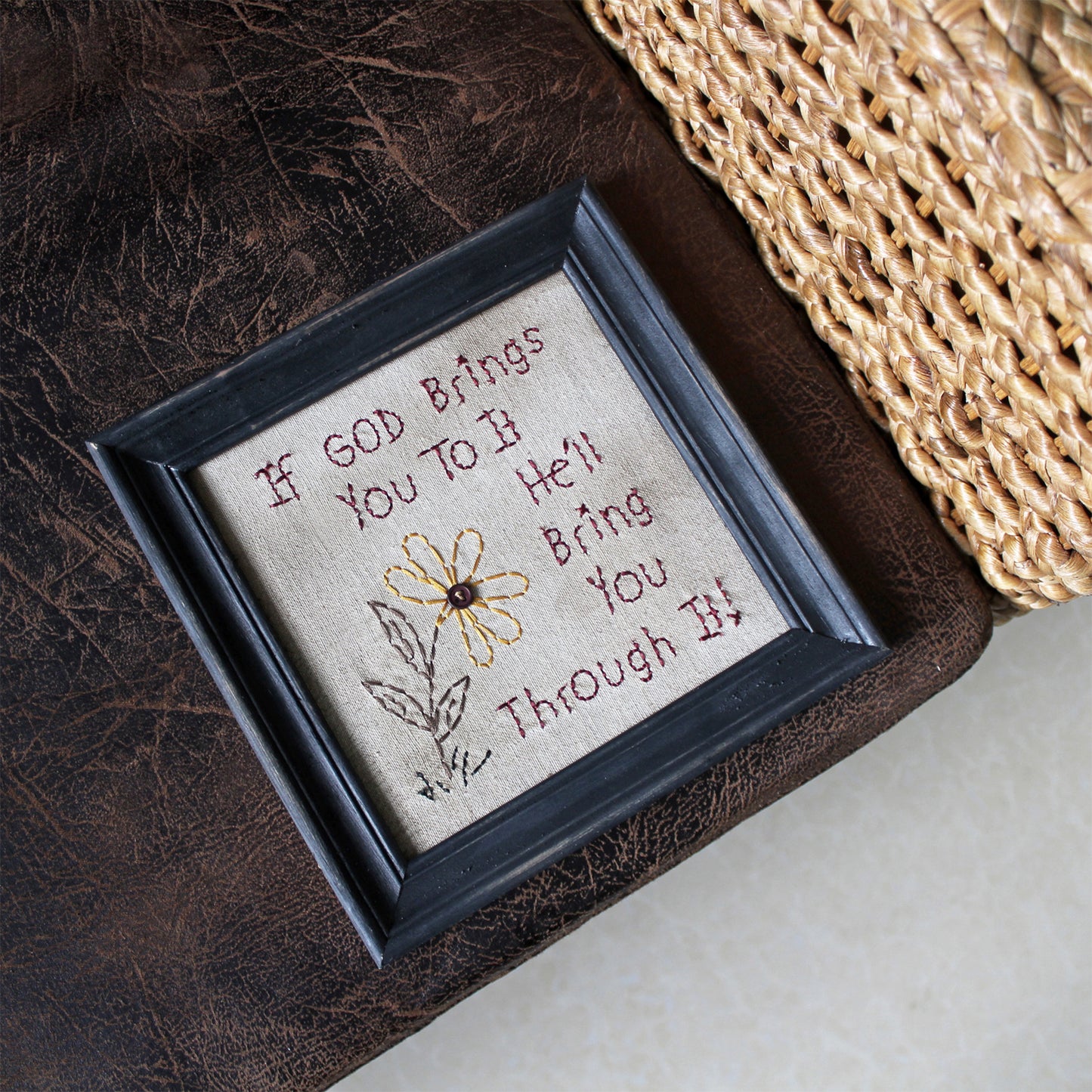CVHOMEDECO. Primitives Antique If God Brings You to It, He 'll Bring You Through It Stitchery Frame Wall Mounted Hanging Decor Art, 8 x 8 Inch