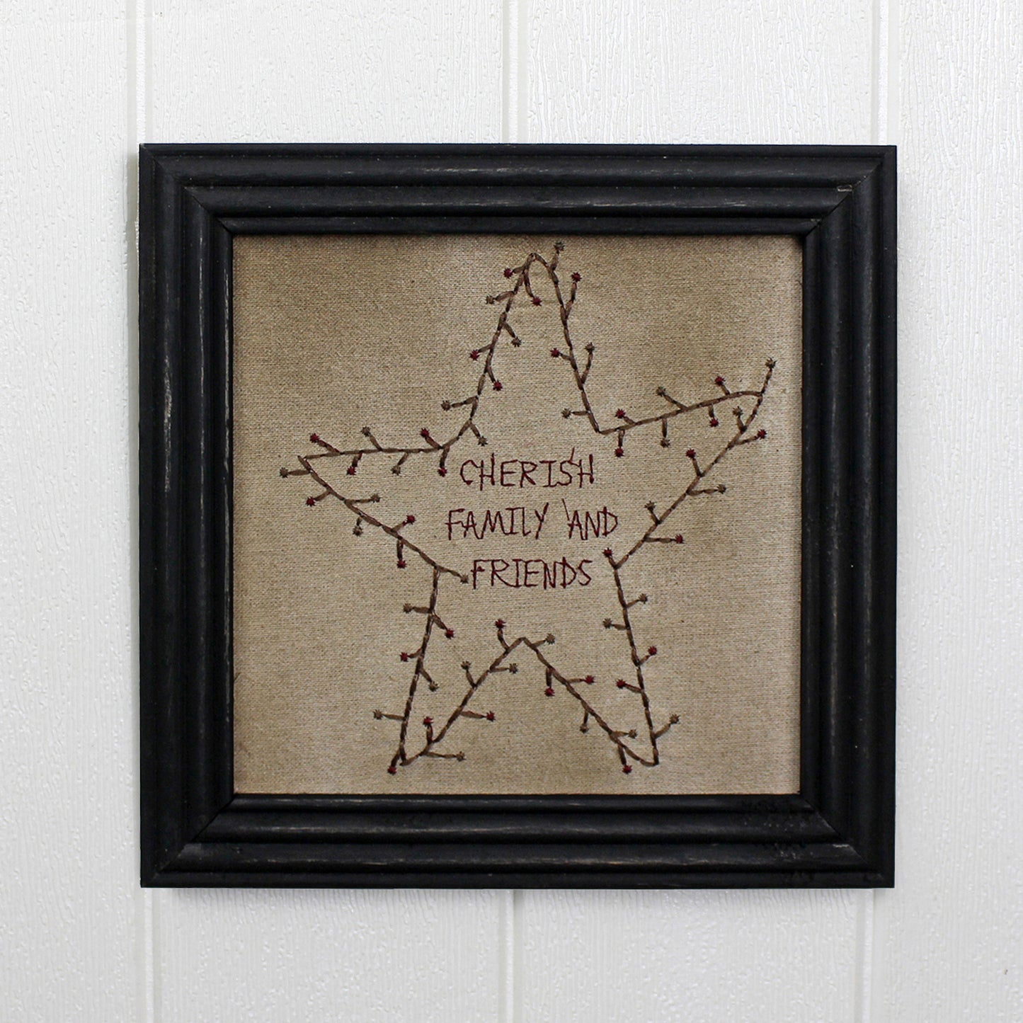 CVHOMEDECO. Primitives Vintage Cherish Family and Friends Stitchery Frame Wall Hanging Decoration Art, 9 x 9 Inch