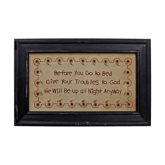 CVHOMEDECO. Primitives Vintage Before You go Bed, give Your Troubles to god, he Will be up All Night Anyway Stitchery Frame Wall Hanging Decoration Art, 14 x 9 Inch