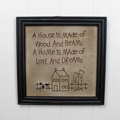 CVHOMEDECO. Primitives Antique A House is Made of Wood and Beams, A Home is Made of Love and Dreams Stitchery Frame Wall Mounted Hanging Decor Art, 12 x 12 Inch