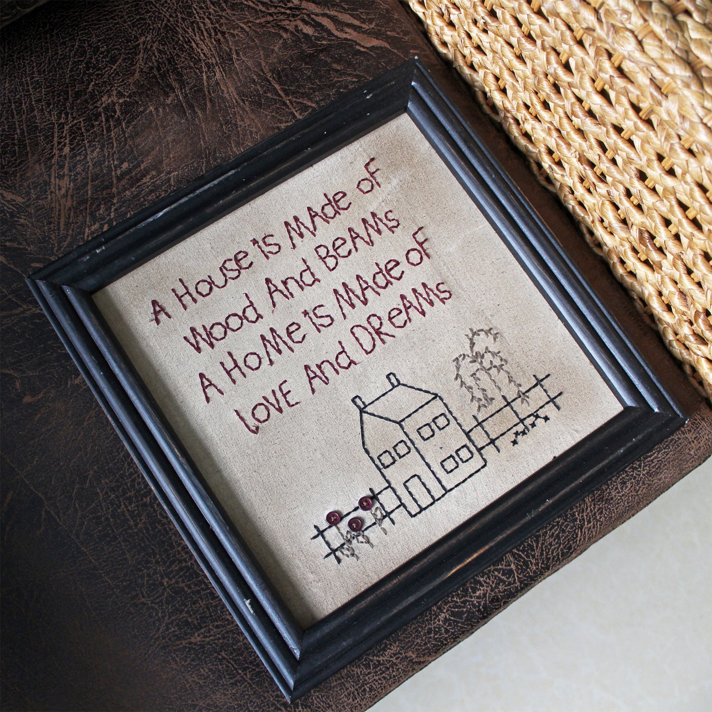 CVHOMEDECO. Primitives Antique A House is Made of Wood and Beams, A Home is Made of Love and Dreams Stitchery Frame Wall Mounted Hanging Decor Art, 12 x 12 Inch