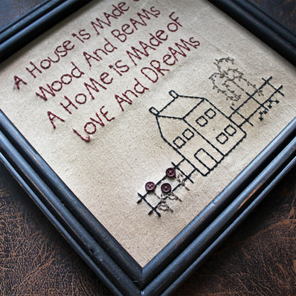 CVHOMEDECO. Primitives Antique A House is Made of Wood and Beams, A Home is Made of Love and Dreams Stitchery Frame Wall Mounted Hanging Decor Art, 12 x 12 Inch