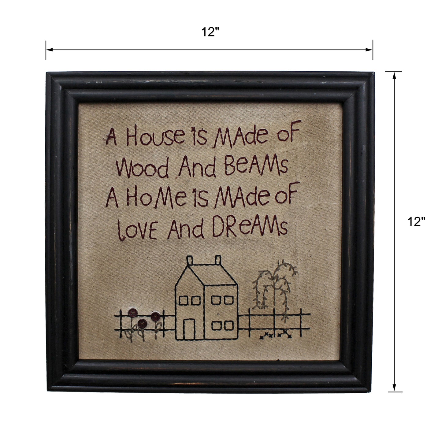 CVHOMEDECO. Primitives Antique A House is Made of Wood and Beams, A Home is Made of Love and Dreams Stitchery Frame Wall Mounted Hanging Decor Art, 12 x 12 Inch